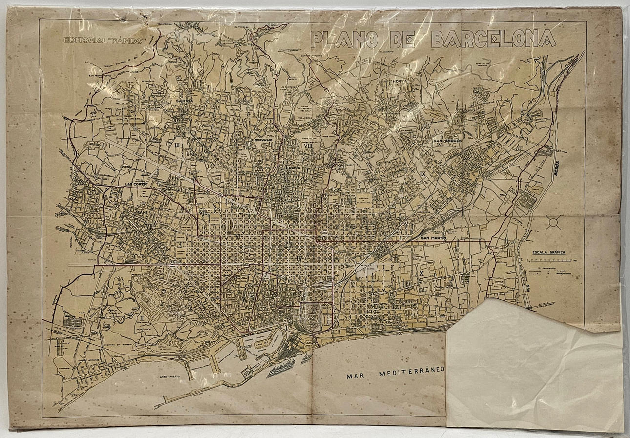 ANTIGUO PLANO DE BARCELONA SOBRE PAPEL.
