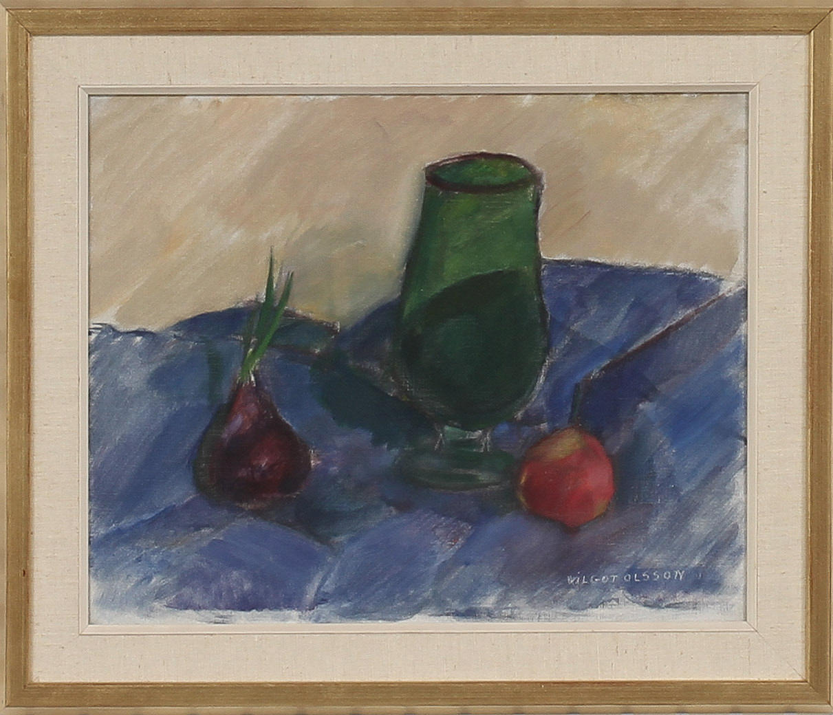 WILGOT OLSSON. Stilleben med glas, lök och äpple. Olja på duk, signerad.