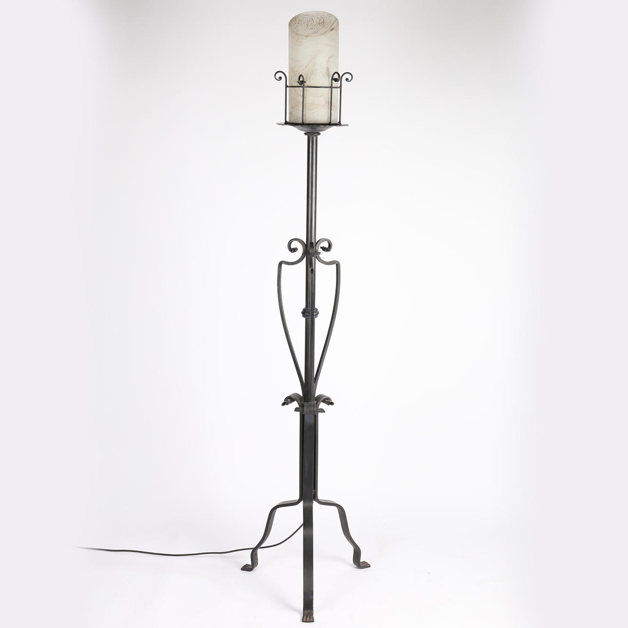 WROUGHT IRON STANDARD LAMP WITH GLASS SHADE.