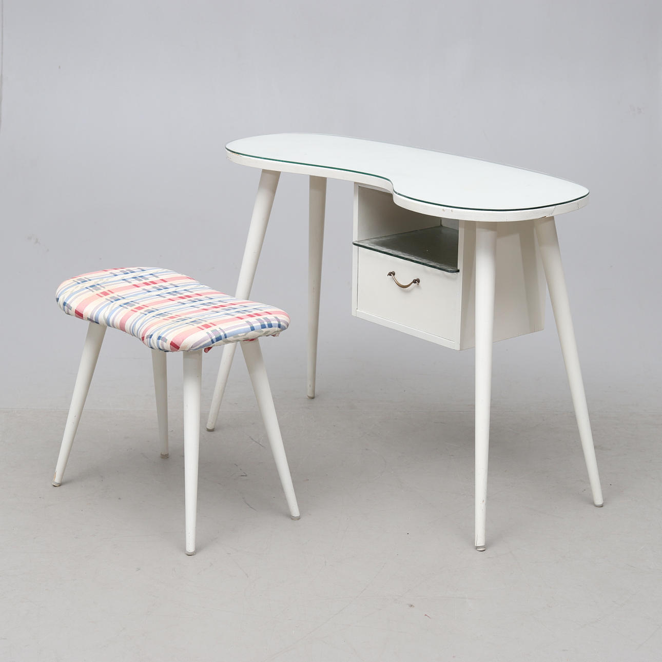 DRESSING TABLE, with stool, kidney-shaped, mid-20th century.