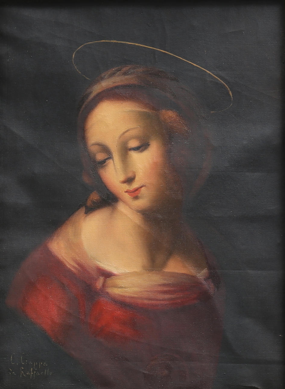 OIDENTIFIERAD KONSTNÄR. Madonna. Kopiemålning efter Rafael, olja på duk, signerad C. Ciappa.
