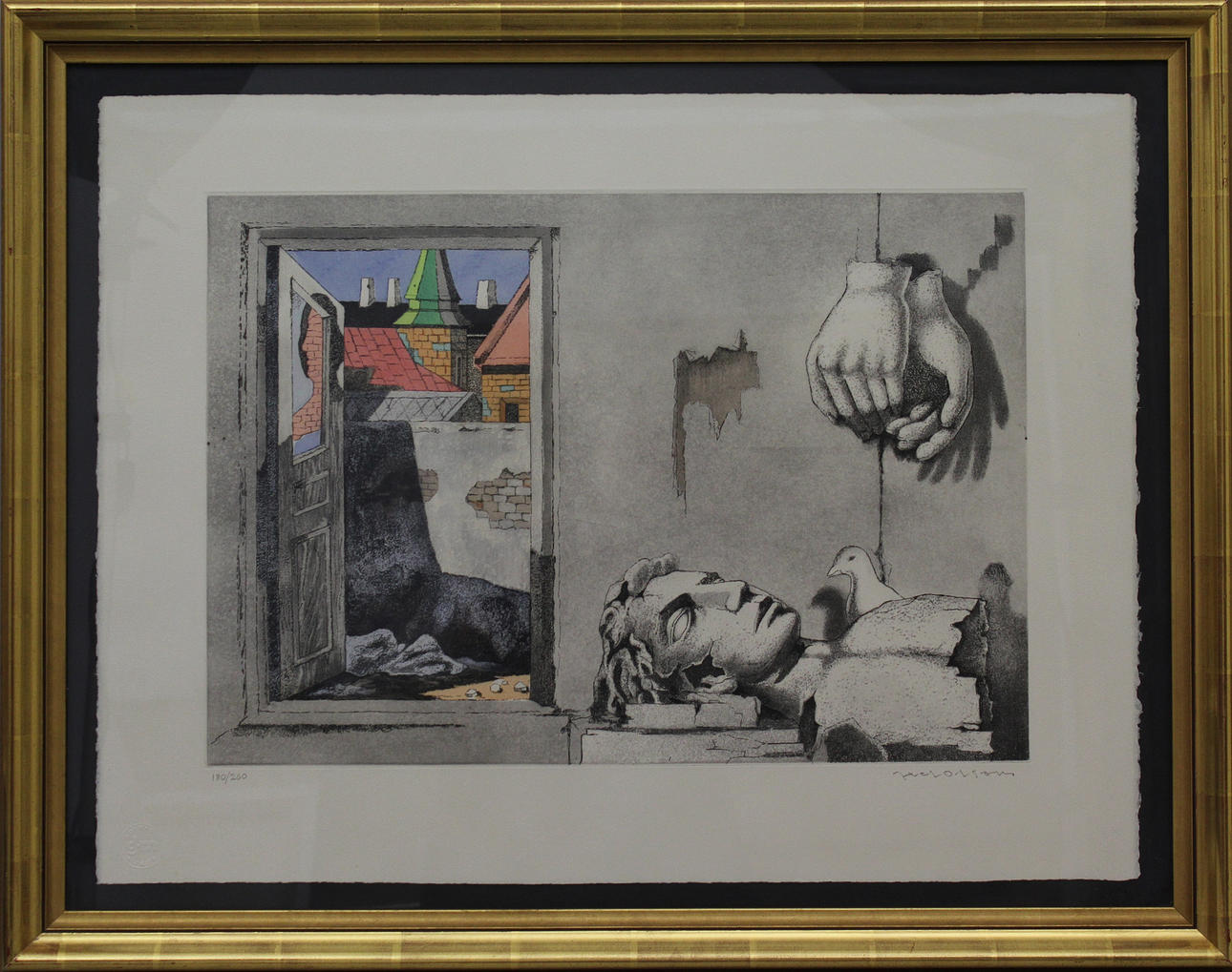 AXEL OLSSON. Surrealistiskt landskap. Färglitografi. Signerad. 180/260.