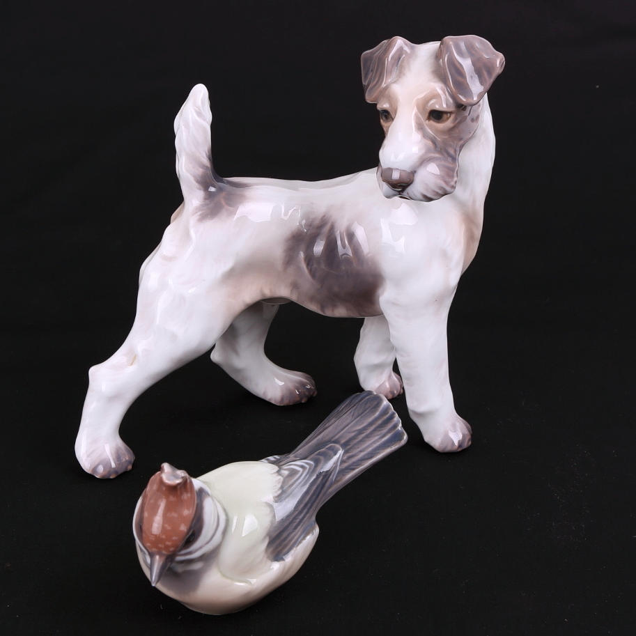 FIGURINER, porslin, 2 st, hund, fågel, Dahl Jensen, danmark.