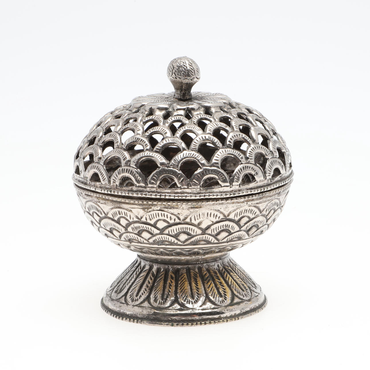 AN INDIAN SILVER POT POURRI.