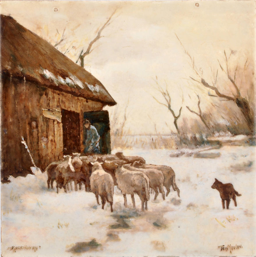 ROZENBURG, BILDPLATTE / KACHEL. Vinterlandskap med herde, får och hund.