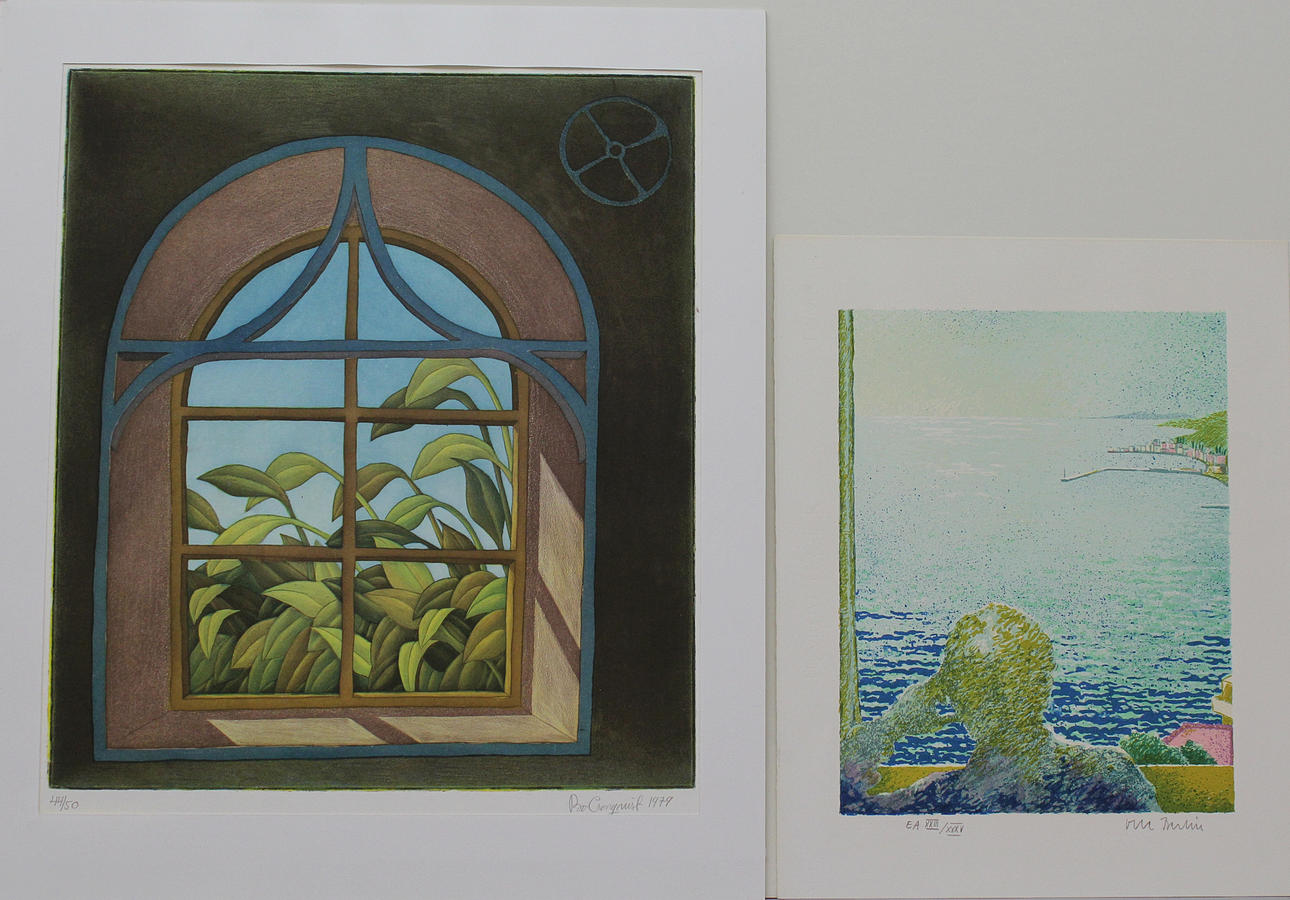 BO CRONQVIST/OLLE BERLIN. Parti konst (2). Vid fönstret. Färgetsning. Signerad och daterad 1979. 44/50. Utsikt över havet, Färglitografi, Signerad. EA XXIII/XXXV.