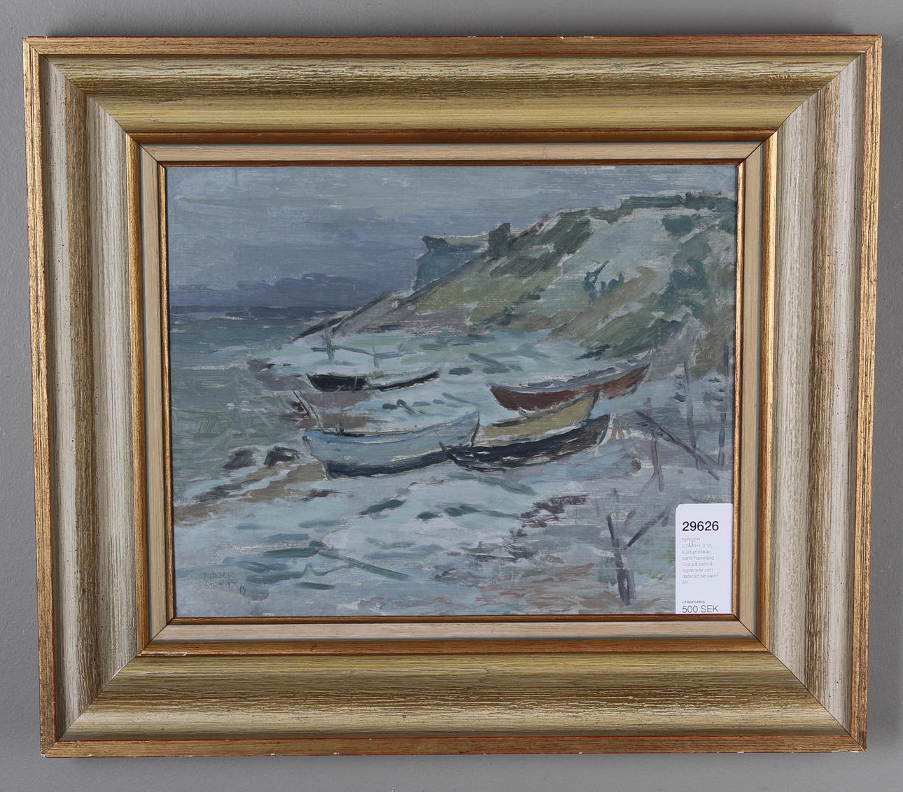 BIRGER STRÅÅTH. 2 st, kustlandskap samt hamnbild. Olja på pannå, signerade och daterad 58 samt 49.