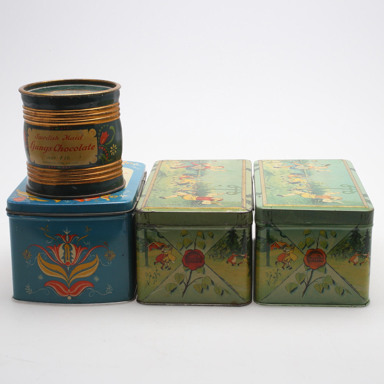 PLÅTBURKAR, 4 st, delvis midsommar samt kurbitsmotiv, 1900-talets första hälft.