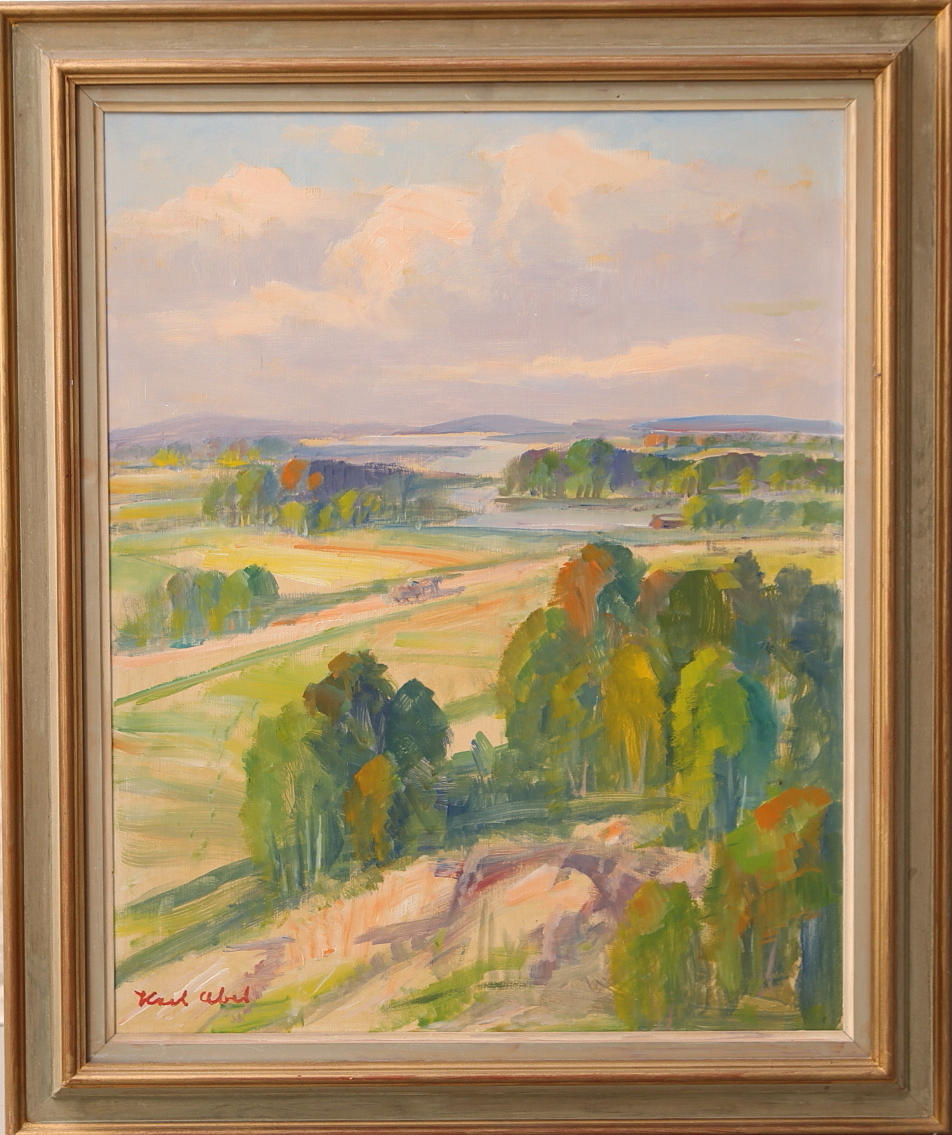 CARL ABEL. Olja på pannå, vy över landsbygd, signerad.