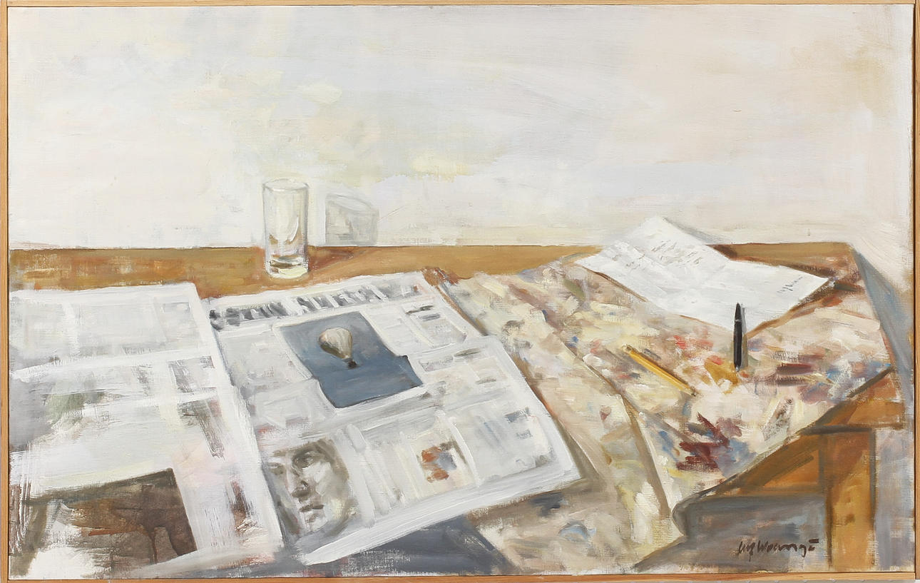 ULF WRANGÖ. Stilleben på arbetsbord. Olja på duk, signerad.