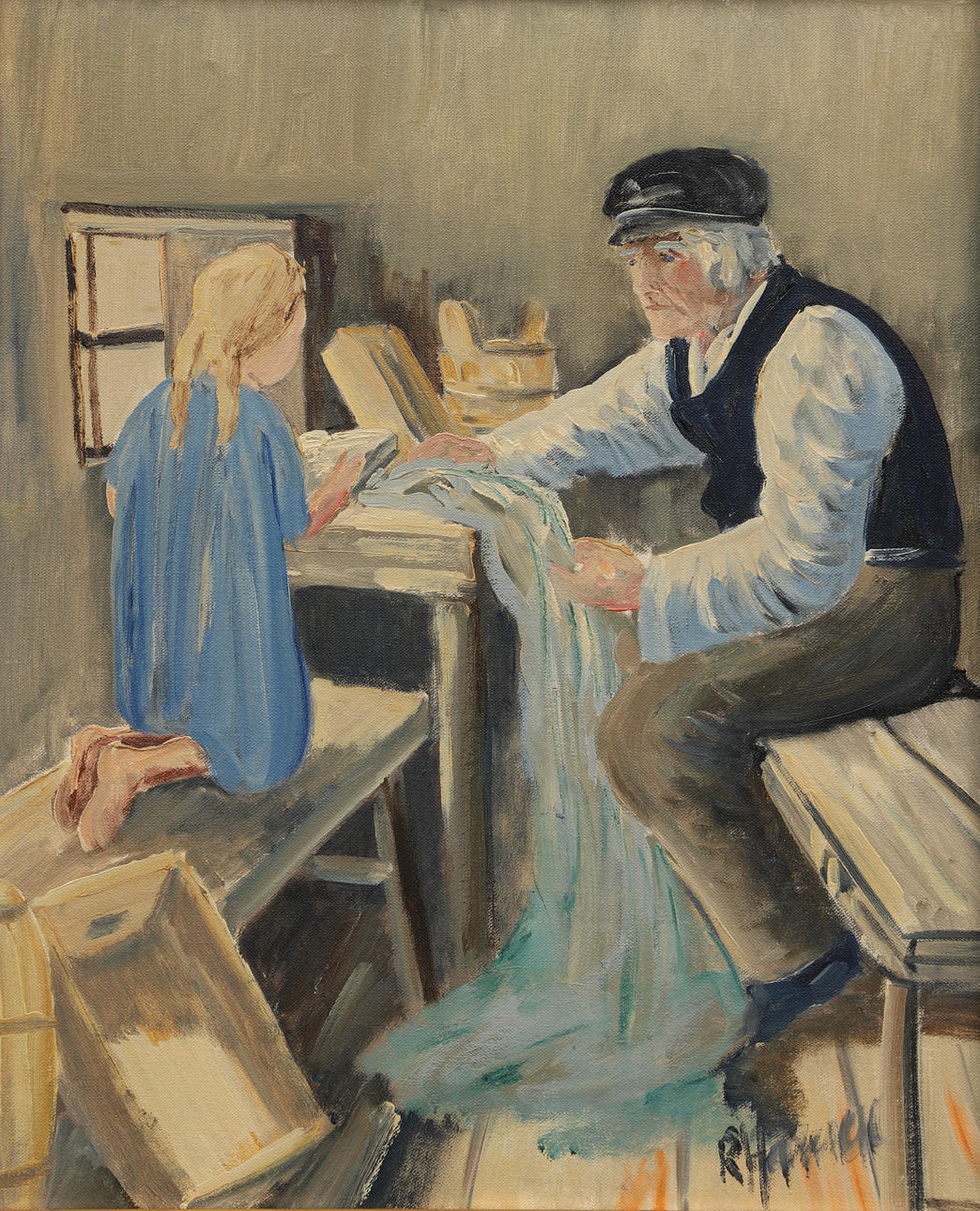 RITA HANSEN. oil on canvas, figure scene, signed.