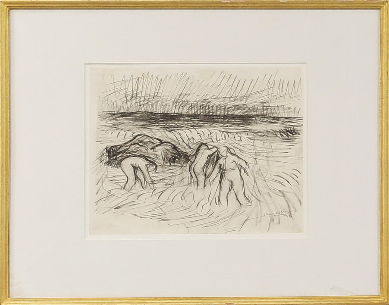 OLLE SKAGERFORS. "Badande". Kol/blyertsteckning, signerad och daterad -43.