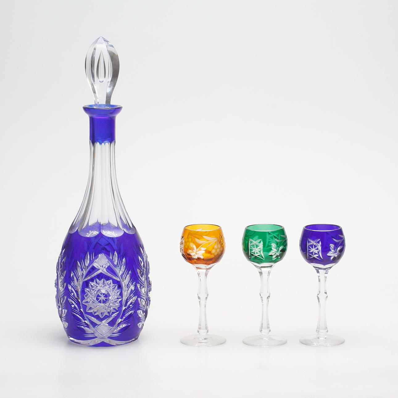 KARAFF OCH GLAS, 3 st, böhmiskt glas, 1900-tal.