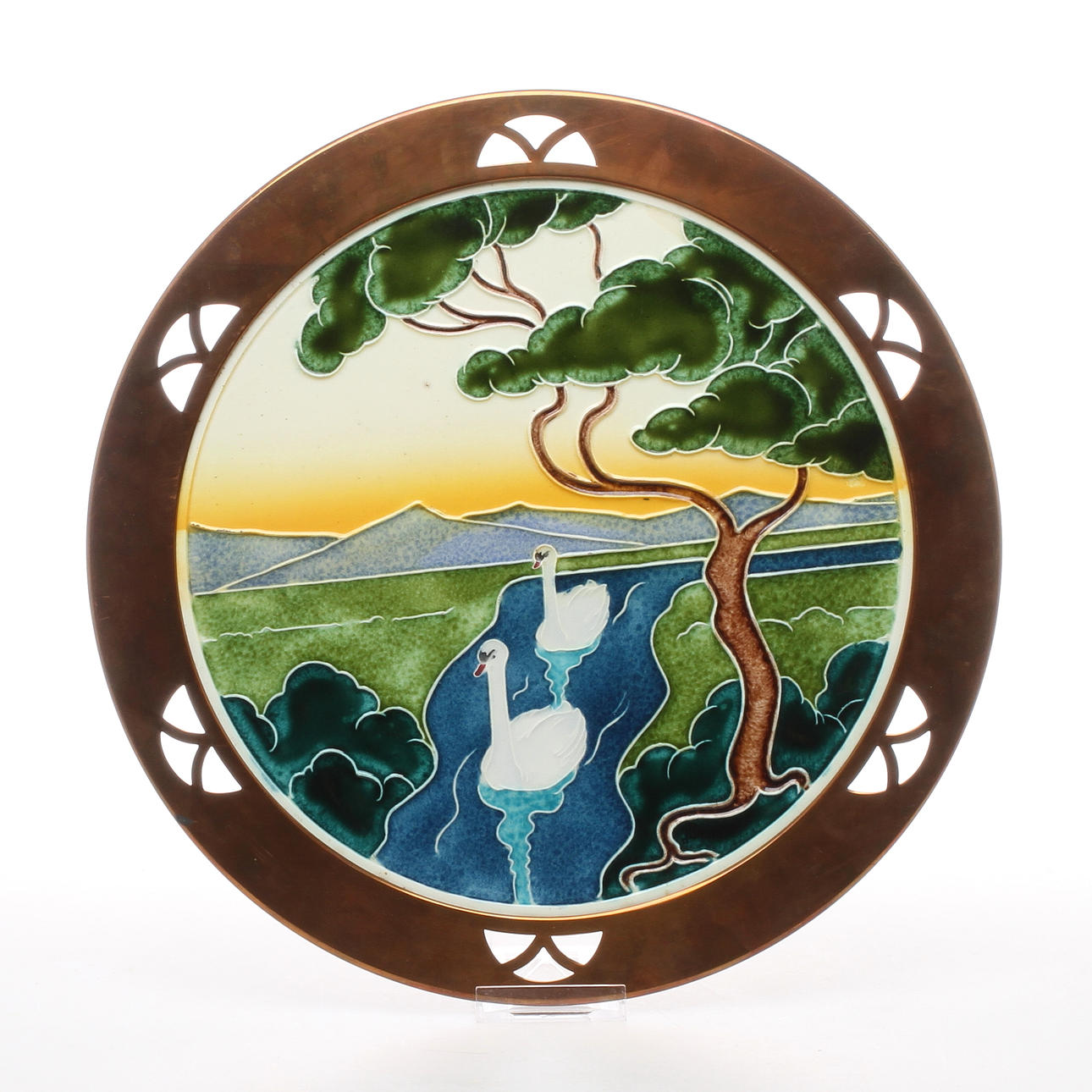 BRICKA, jugend, glaserad kakelplatta och koppar, troligen Carl Sigmund Luber för Johann Von Schwarz, 1900-talets början.