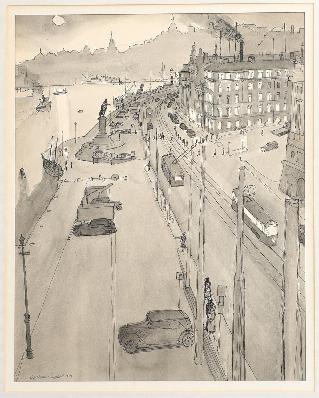 ERIK WESSEL FOUGSTEDT, washed ink drawing, signed. Dated 1949.
