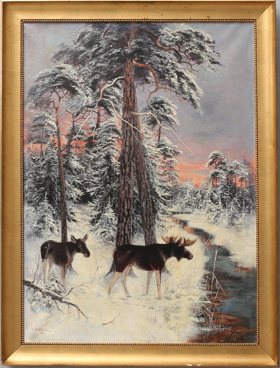 GÖSTA YDSTRÖM. Vinterlandskap med älgar. Olja på duk, signerad och daterad 06.