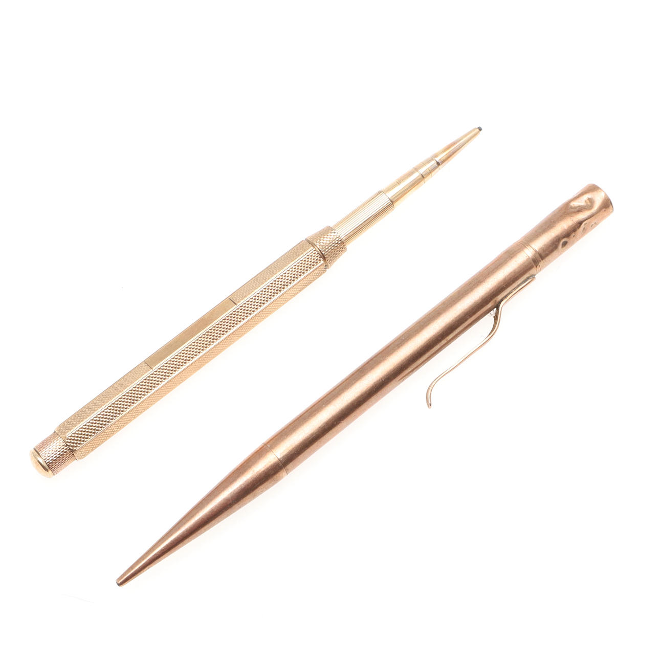 A SAMPSON MORDAN 9CT GOLD PENCIL AND ANOTHER 9CT GOLD PENCIL.