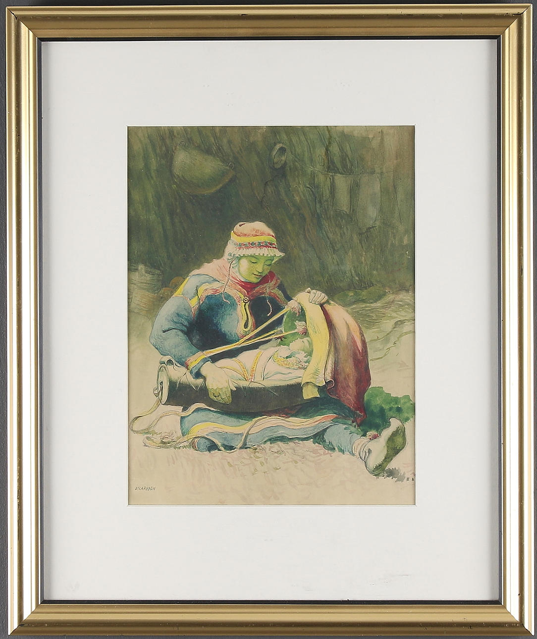 BERNHARD OSCARSSON. Samekvinna med barn i, gouache, signerad.