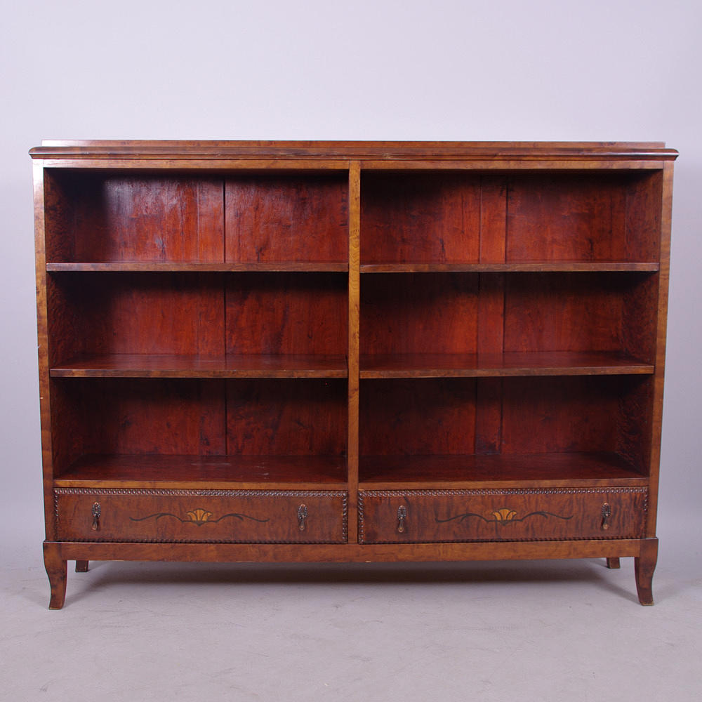 BOKHYLLA MED LÅDOR, bonad björk med intarsia.