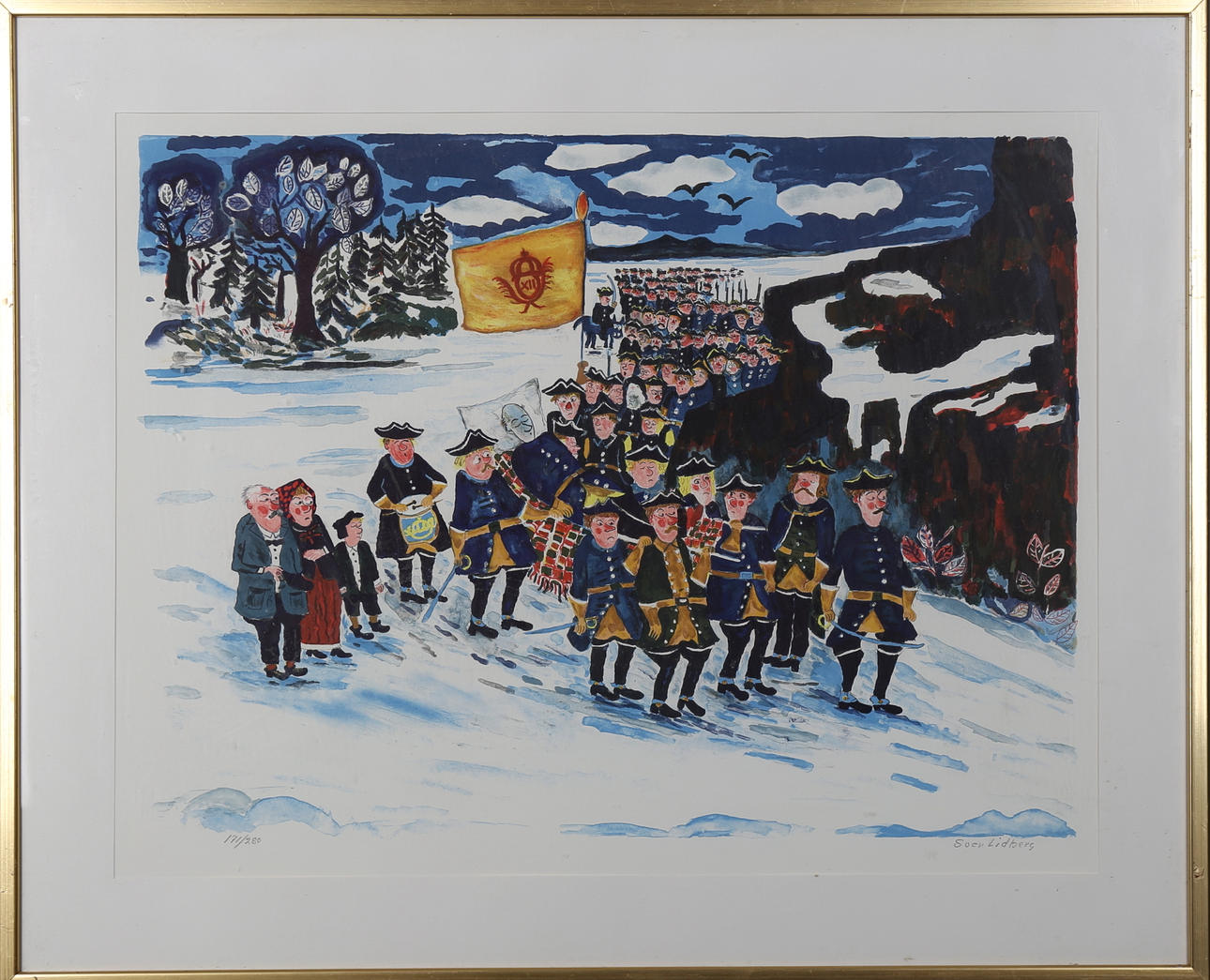 SVEN LIDBERG. Karl d XII likfärd, färglitografi, signerad och numrerad 171/280.