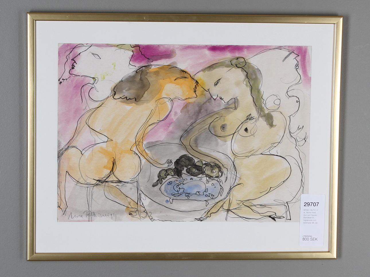 ARNE FÄLTH. 2 st. Motiv med djur och figurer. Blandteknik. Signerade och daterade 94.