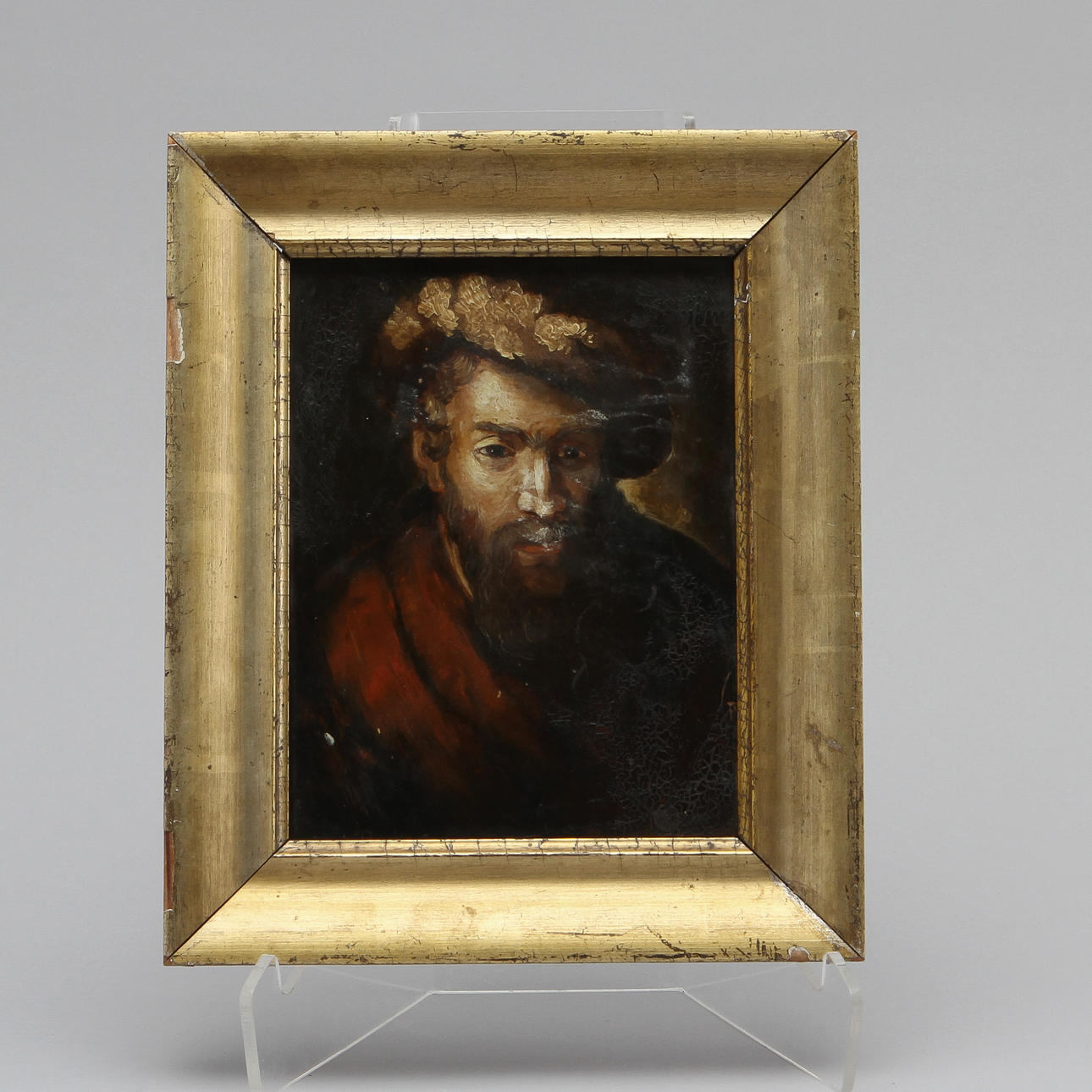 OIDENTIFIERAD KONSTNÄR. Man i barett. Olja på pannå, 1800-tal.