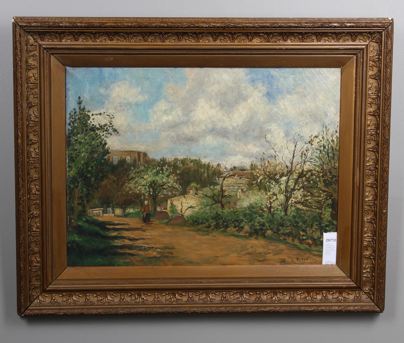 OKÄND KONSTNÄR. Landskap med kvinna på väg. Olja på duk, bär signatur C.Pisarro.