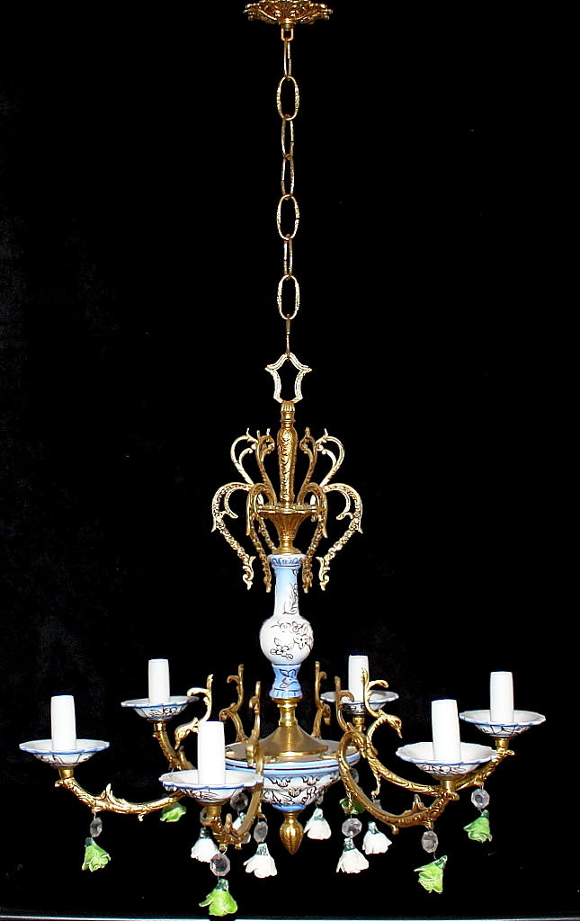 TAKLAMPA, 6 armar, porslin/mässing.