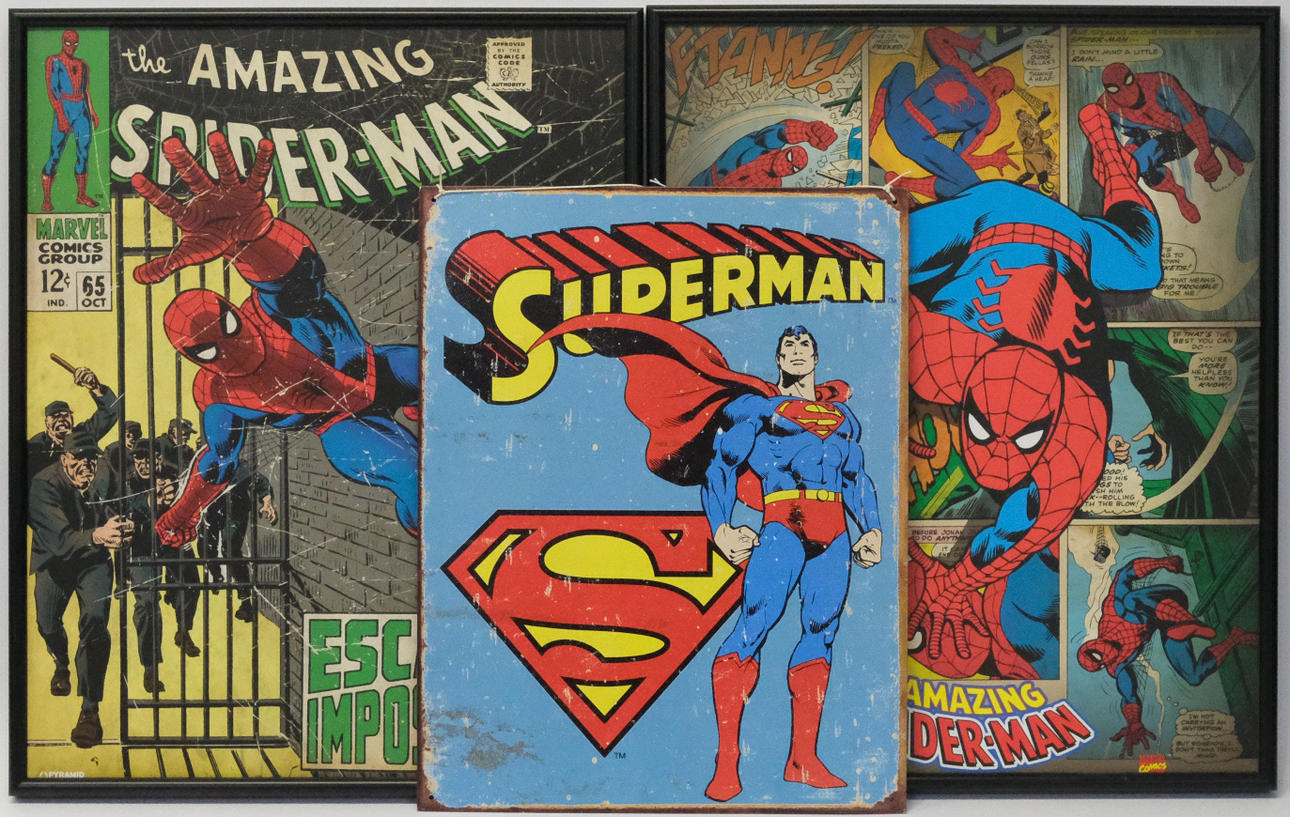 TRE RETROAFFISCHER. SPIDERMAN OCH SUPERMAN.