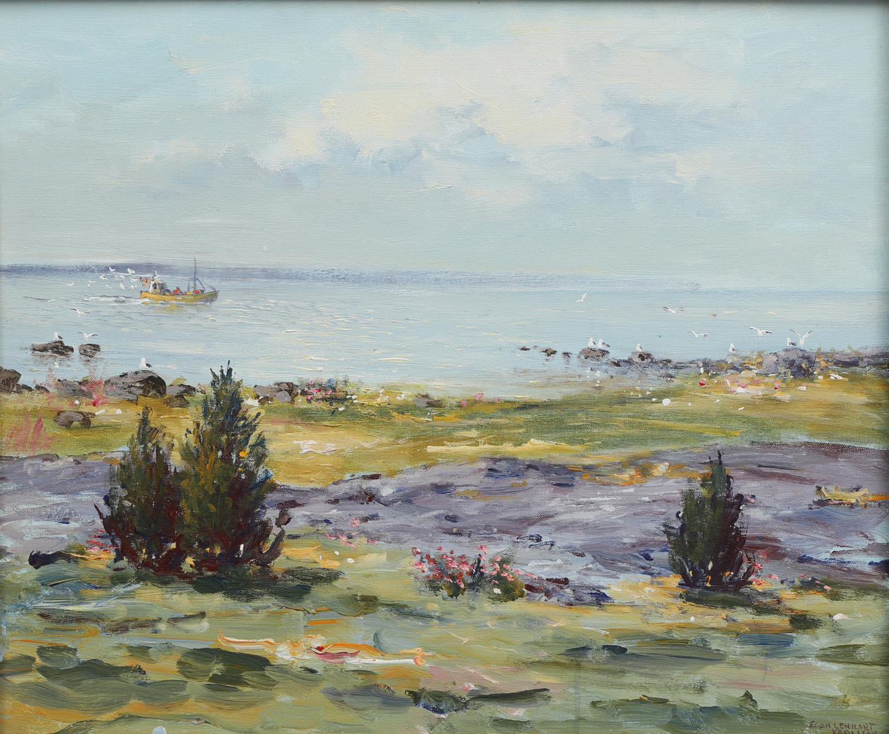 EGON LENNART KARLSSON. oil on canvas panel, "Archipelago view", signed.