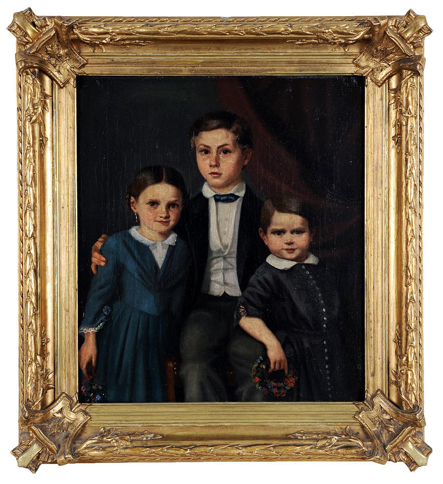 BIEDERMEIER, KINDERPORTRÄT. Liten oljemålning, porträtt av tre barn, osignerad.