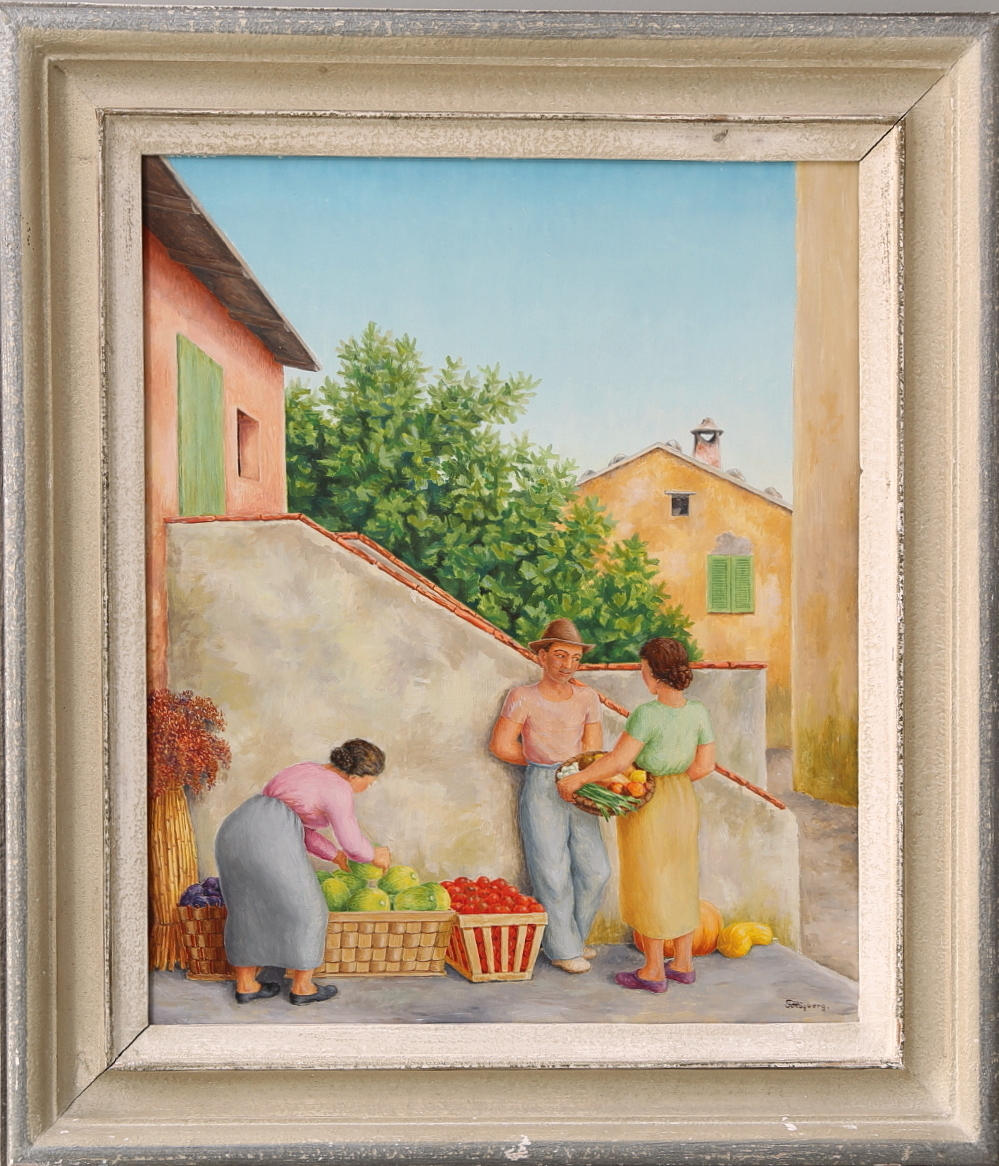 FRITZ HÖGBERG. Olja på pannå, grönsakshandel, signerad.