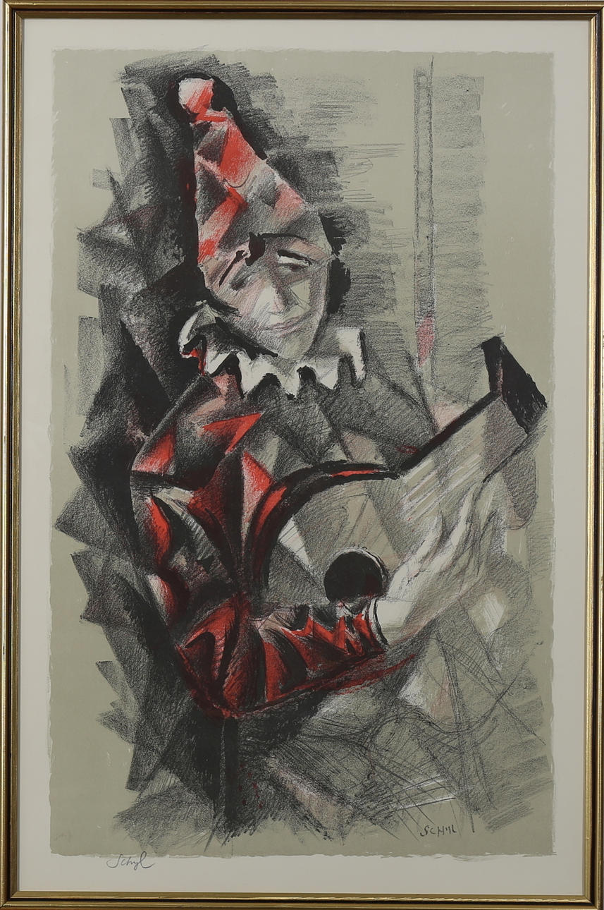 JULES SCHYL. Färglitografi, harlekin, signerad Schyl, onumrerad.