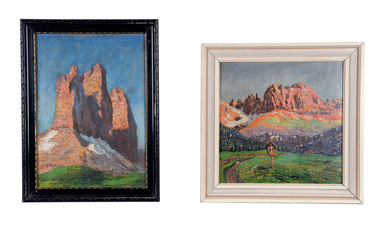 HERMANN SCHREY. 2 oljemålningar ”De tre topparna” och andra bergsmassivet.
