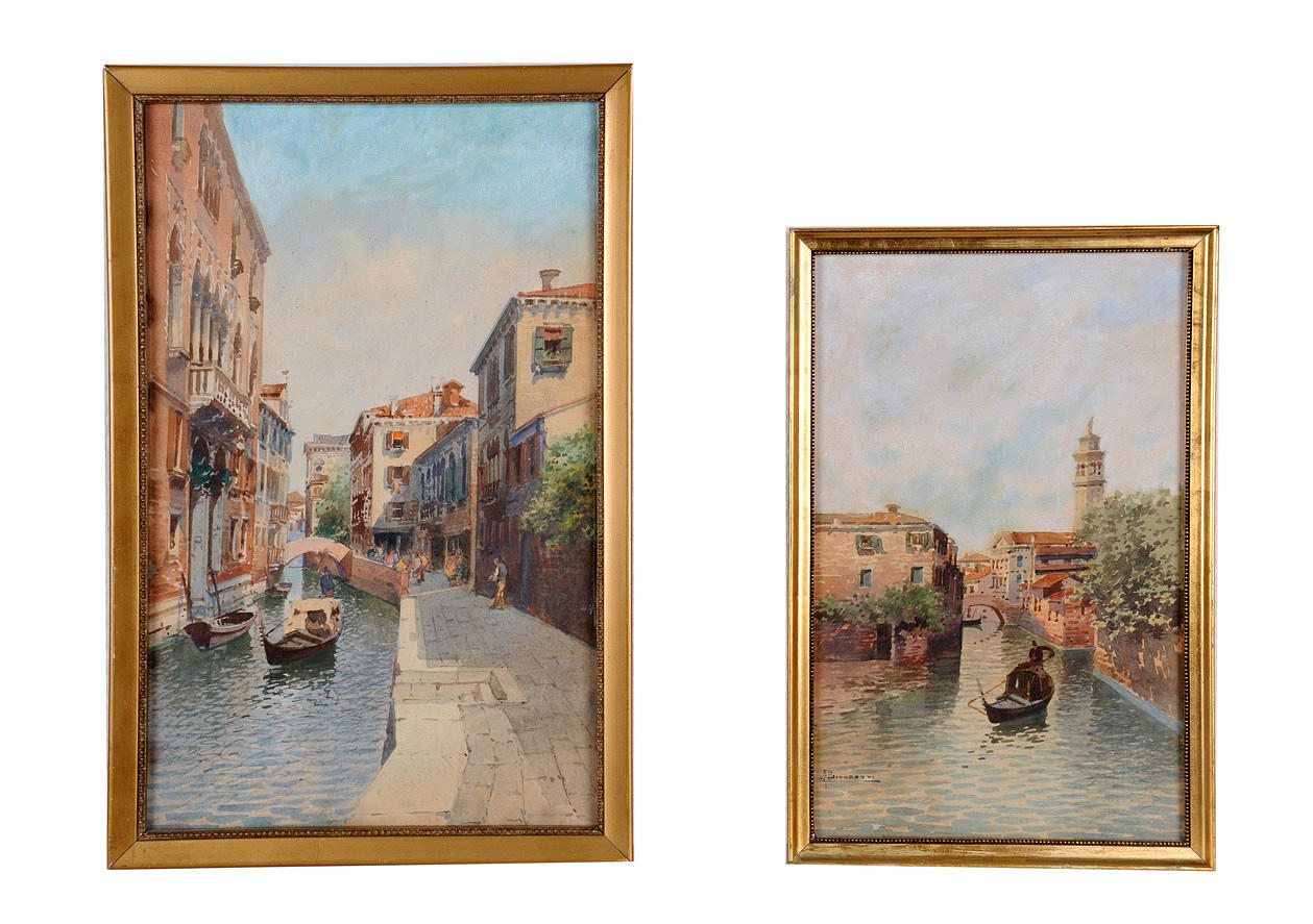 ANDREA BIONDETTI. Venetianska vyer med gondolier. 2 akvareller.