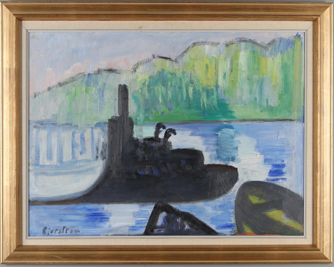 TOR BJURSTRÖM. Hamnbild med ubåt, olja på pannå, signerad.