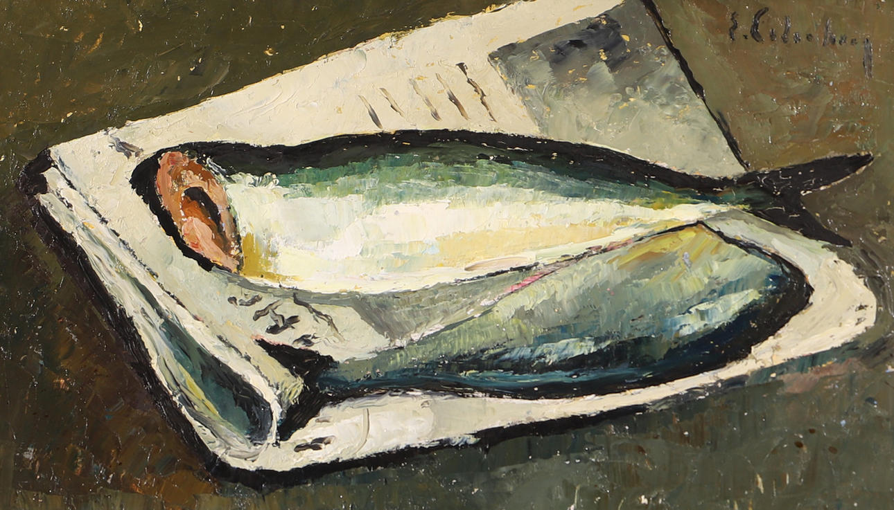 ERIC CEDERBERG. "Island sild", olie på Panel, signeret E. Cederberg.