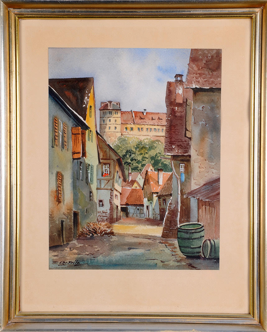 FRITZ, CHR. Liten akvarellmålning, utsikt genom en gränd på en egendom.