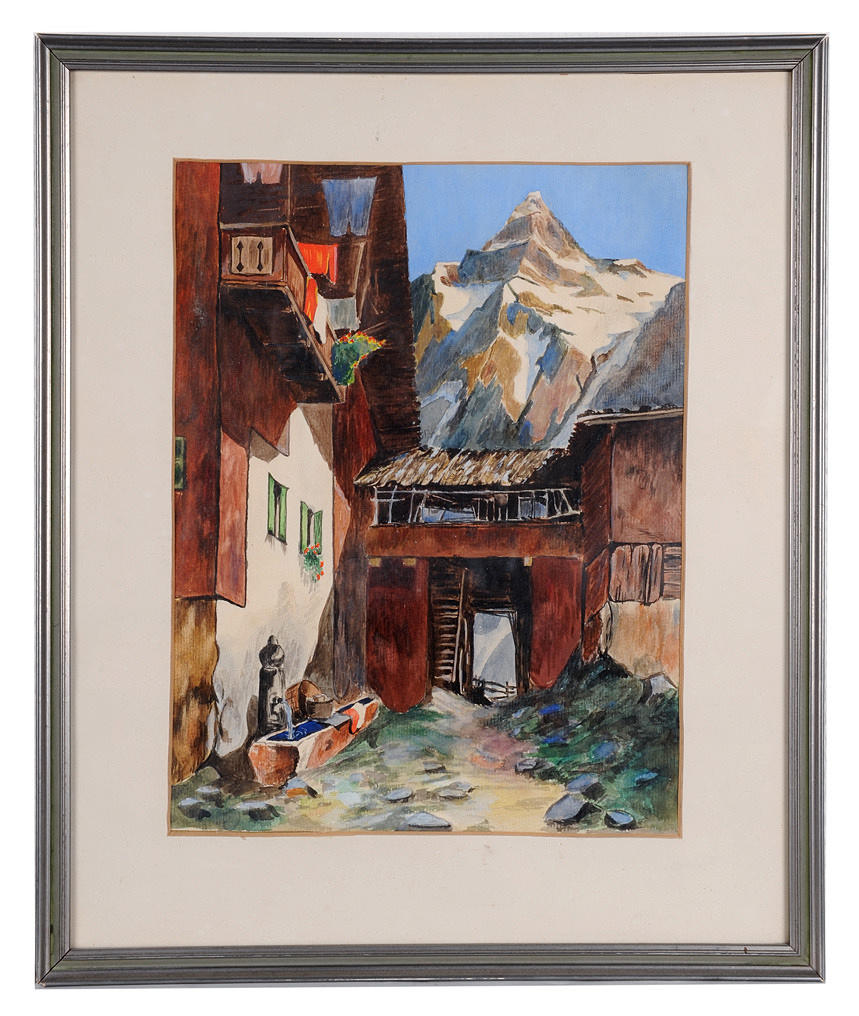 IDYLLISCHE BERGWELT. En fjällstuga vid foten av Matterhorn, liten akvarell.