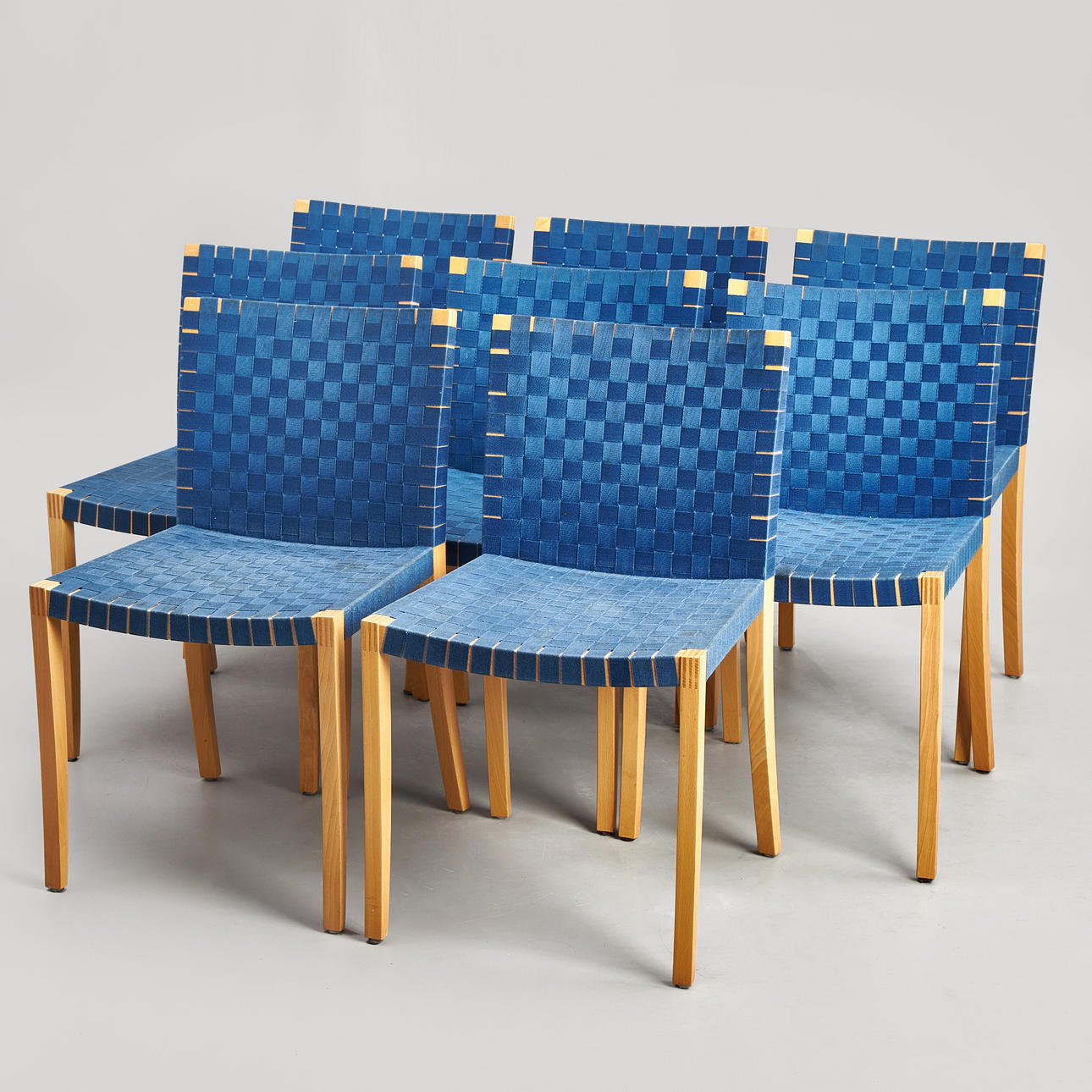 CHAIRS. 8 pcs. Thonet. Beech, blue girth. Labeled. 19/2000s.