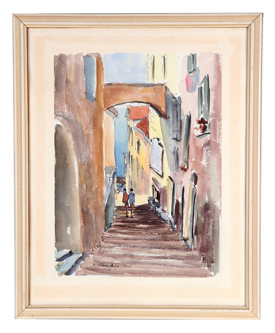 GIOVANNI TRIBAUDINO. En gränd i Cervo. Akvarell på 1950-talet, signerad.