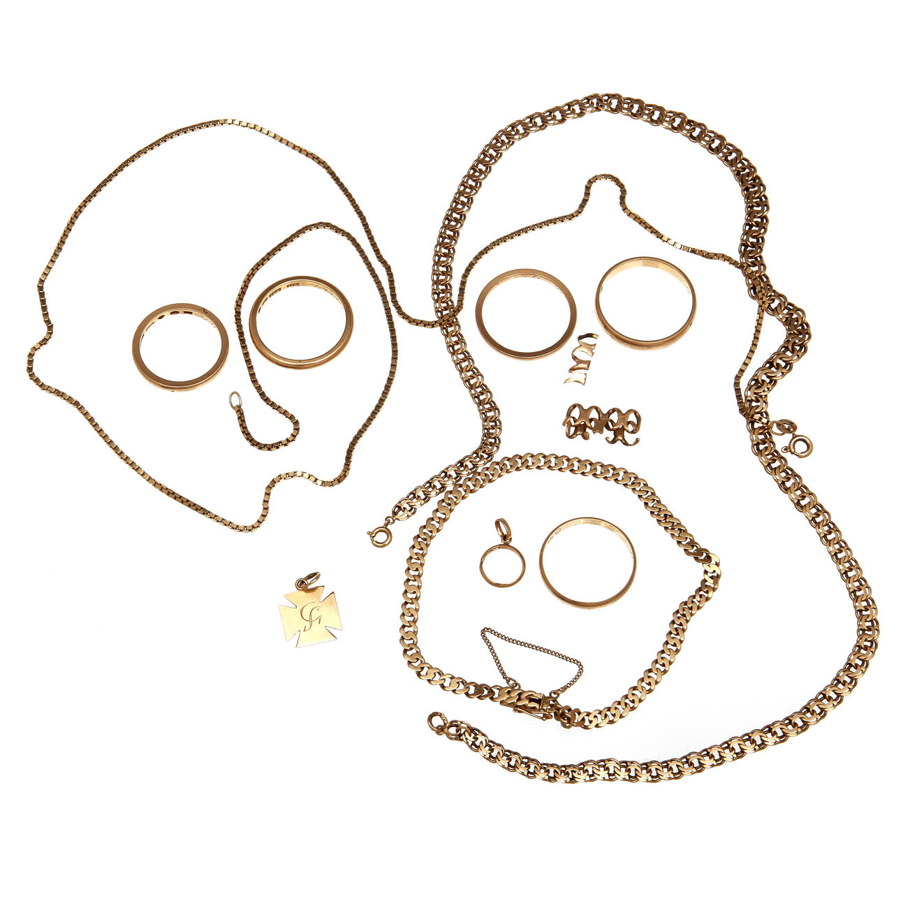 RINGAR, 5 st, HALSKEDJOR, 2 st, ARMBAND samt BERLOCKER, 2 st, 18K guld. Vikt 55 gram.