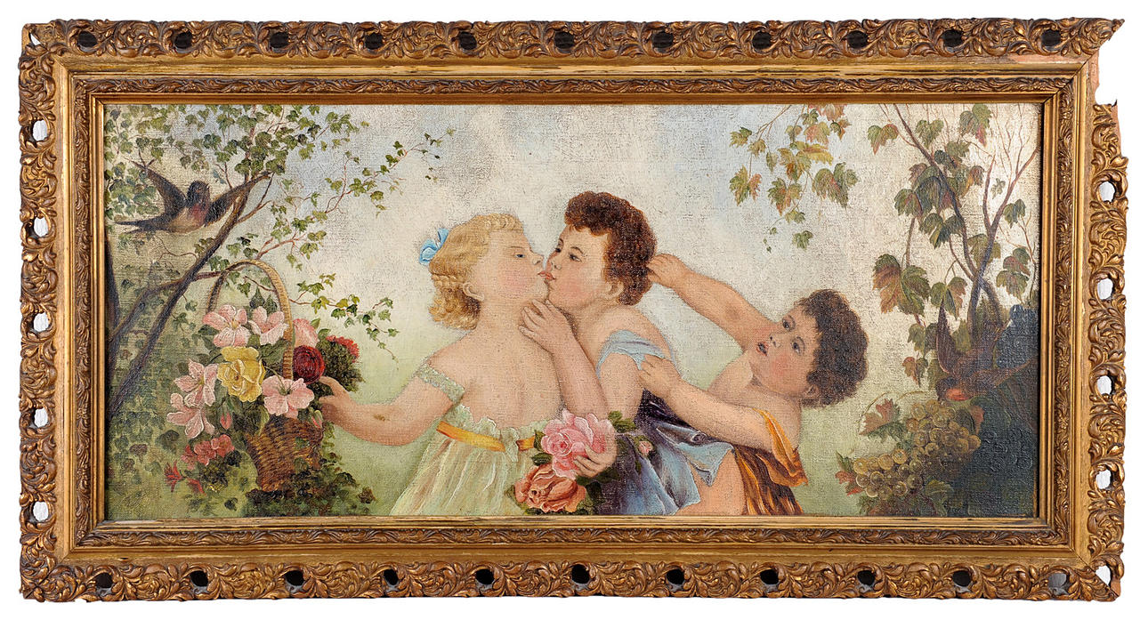 ALLEGORISCHES GEMÄLDE. Plantskola serie med blommor och fåglar, florentinsk ram.