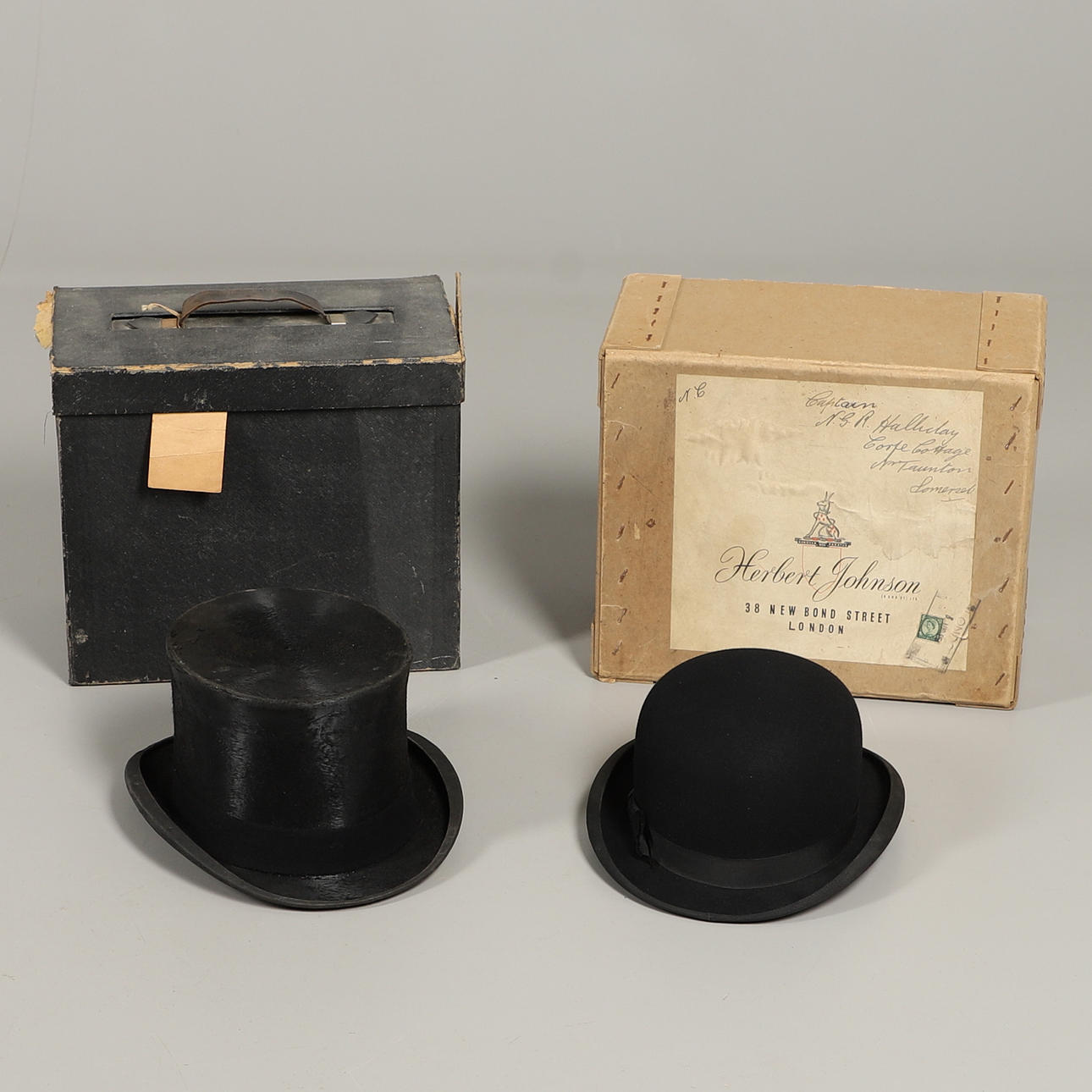 CASED TOP HAT & BOXED BOWLER HAT - DUNN & CO & HERBERT JOHNSON.
