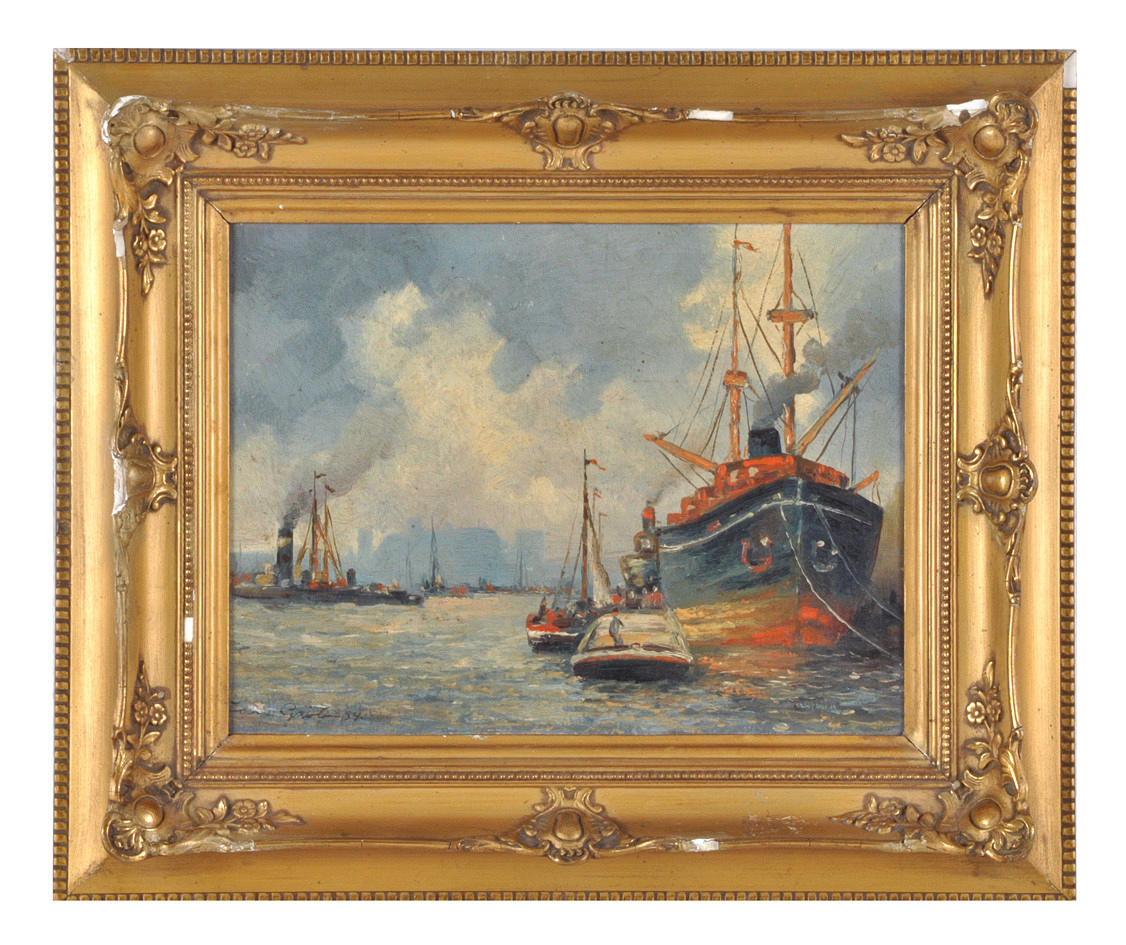 JAN GRÖBEN O.Ä. Maritim oljemålning, hamnvy med fräs & tankfartyg, signerad 1894.