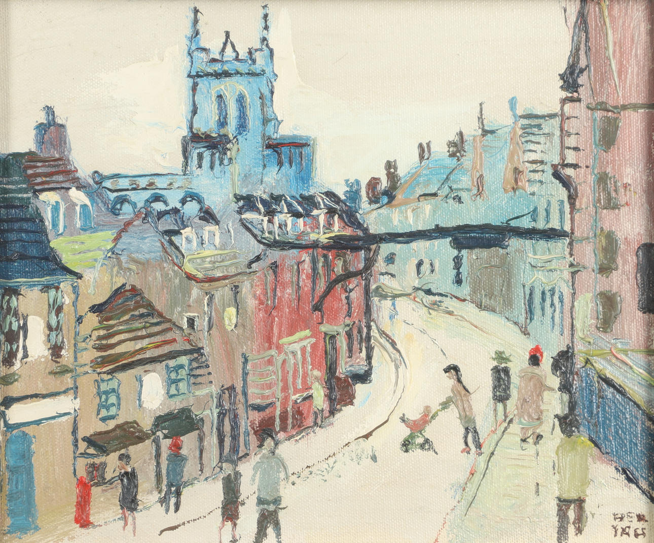 FRED YATES (1922-2008). STREET SCENE, NOW IDENTIFIED AS A SCENE IN STAMFORD, LINCOLNSHIRE.