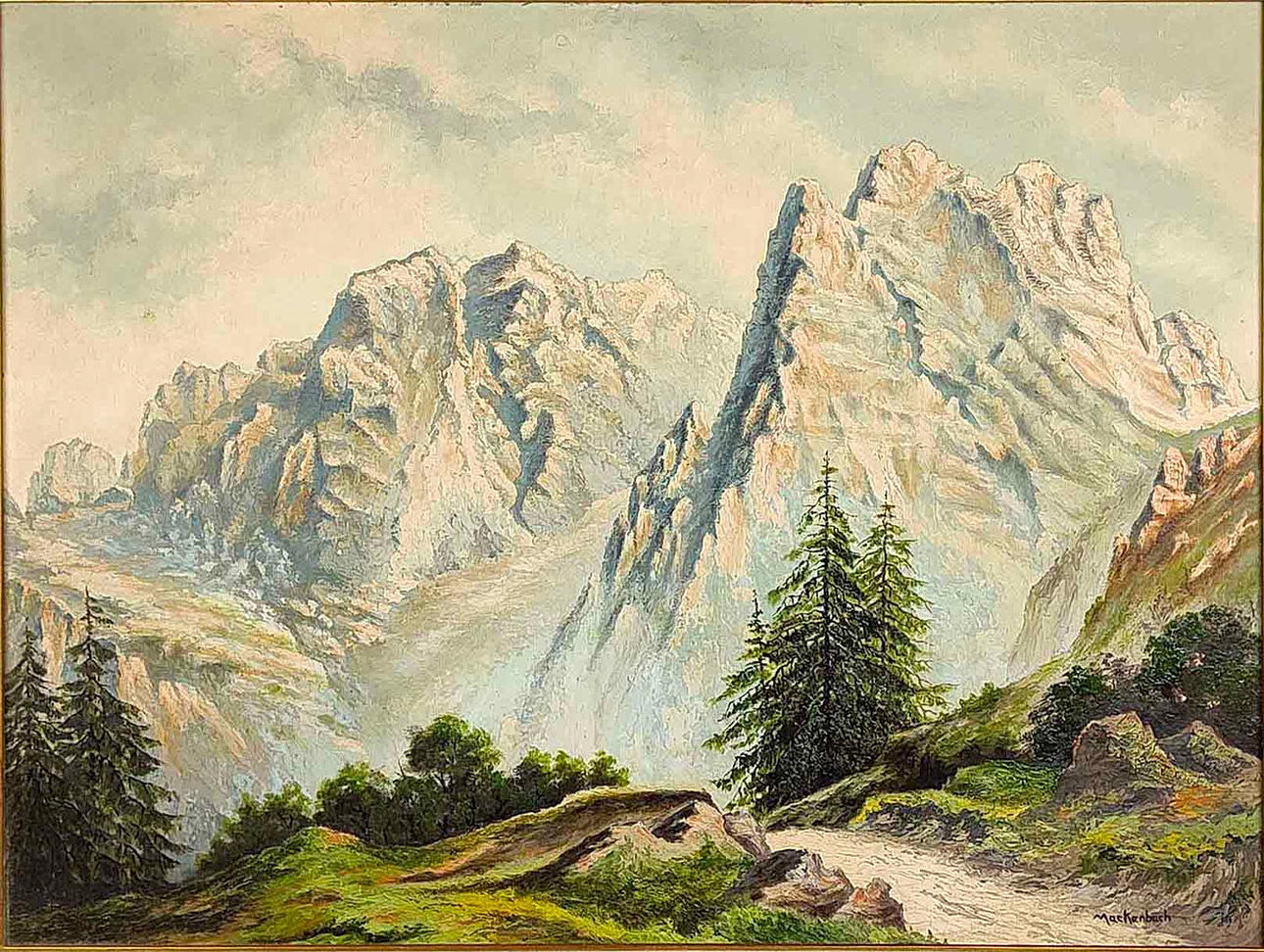 Alpine maisema, maalaus Mackenbach.