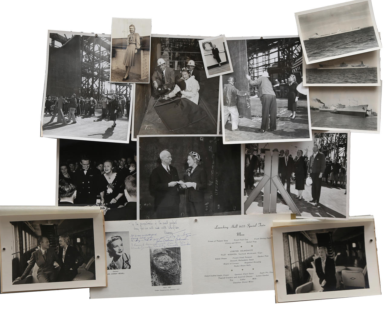 Various photographs of Madeleine Carroll during the construction and stay of the American ship "Hull 1655", 1957.