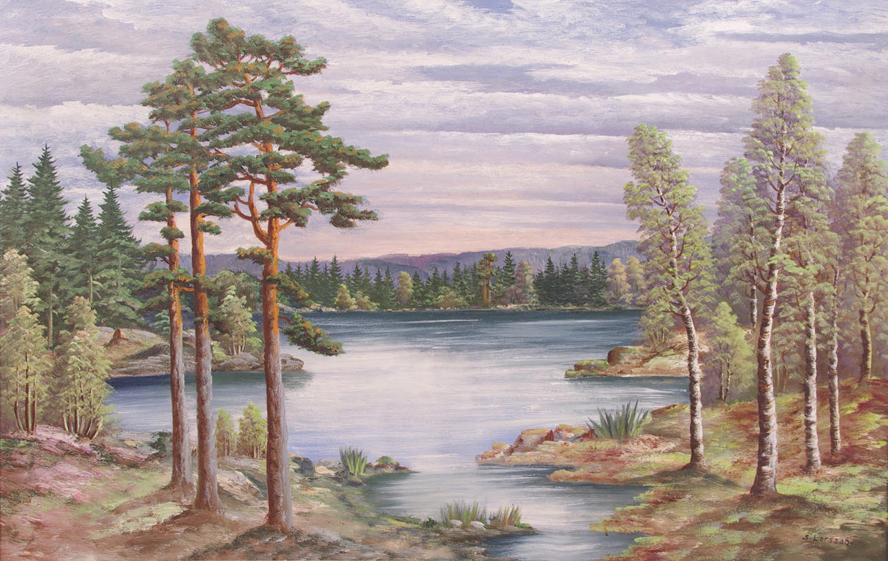 OIDENTIFIERAD KONSTNÄR. Tallar vid sjö, olja på duk, signerad S. Larsson.