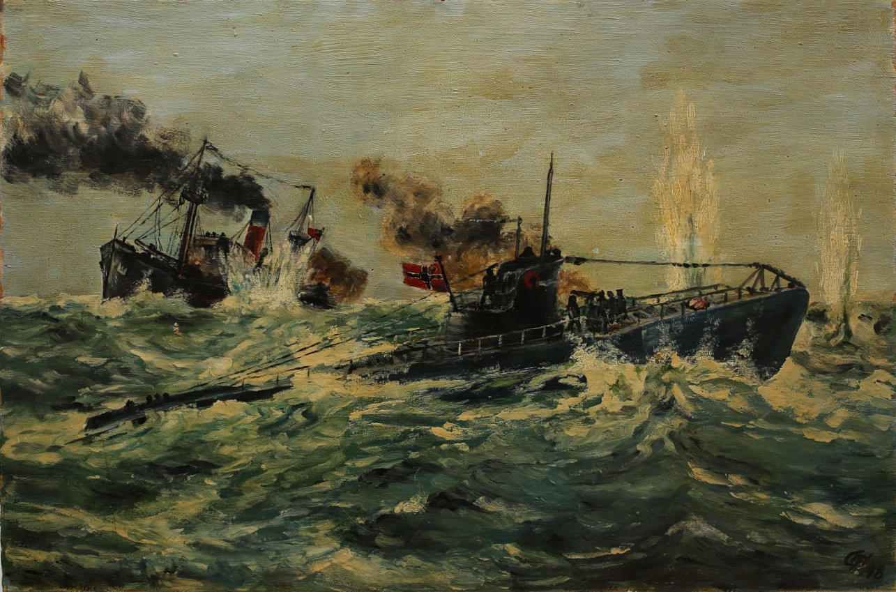 Oil on Board, Submarine World War II, monogram signed, dated -48.